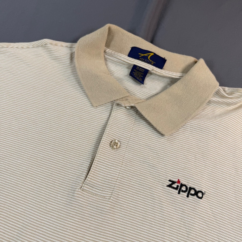 Ash City Zippo Logo Polo Shirt Mens‎ XXL Tan White Striped Short Sleeve Vintage